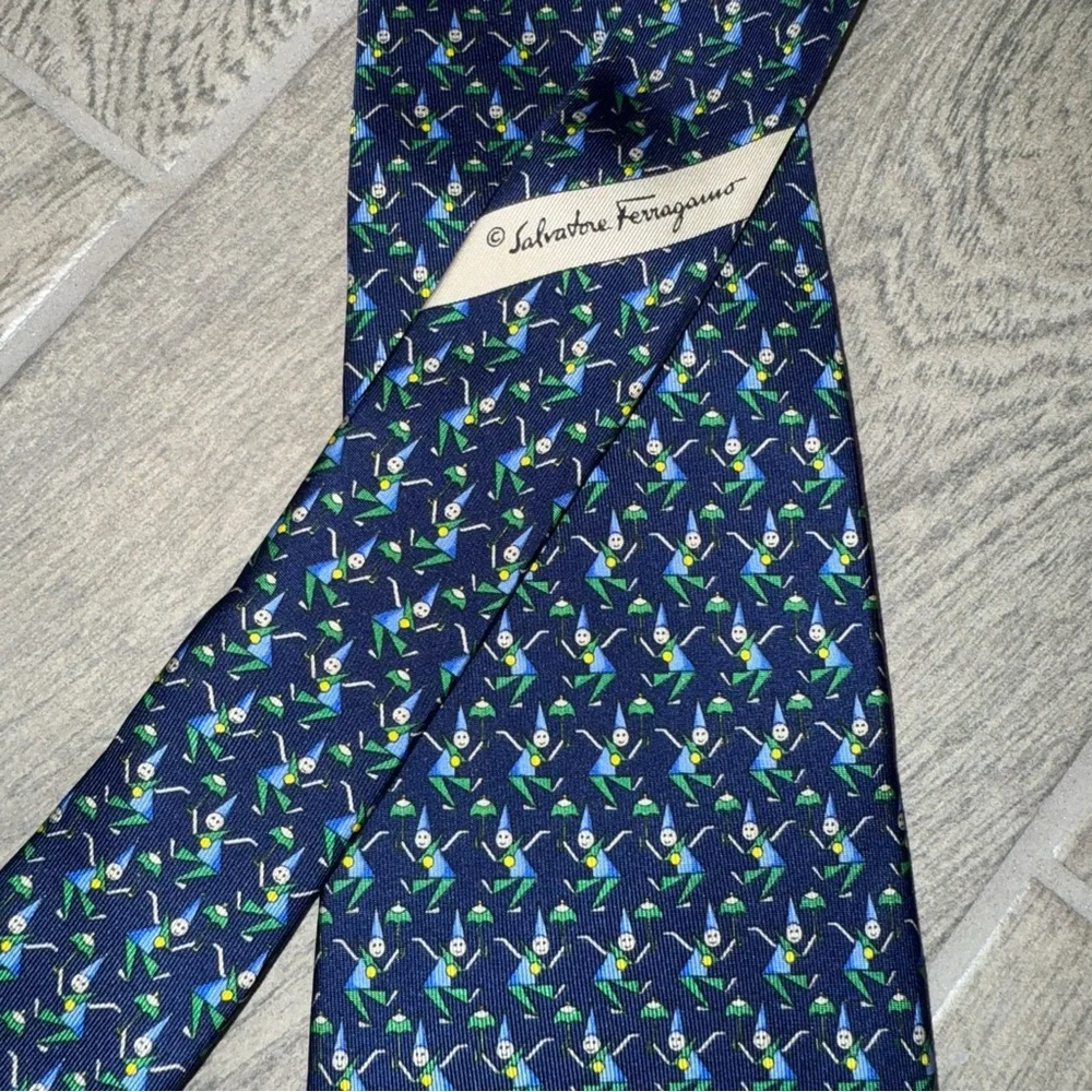 Salvatore Ferragamo Silk Tie Navy Whimsical‎ Gnome Elf Umbrella Print Novelty